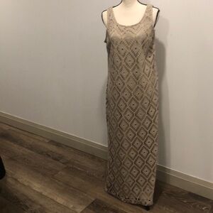 Chico gold maxi macramé dress zip side  sleeveless SZ 2 side slit Vintage gown